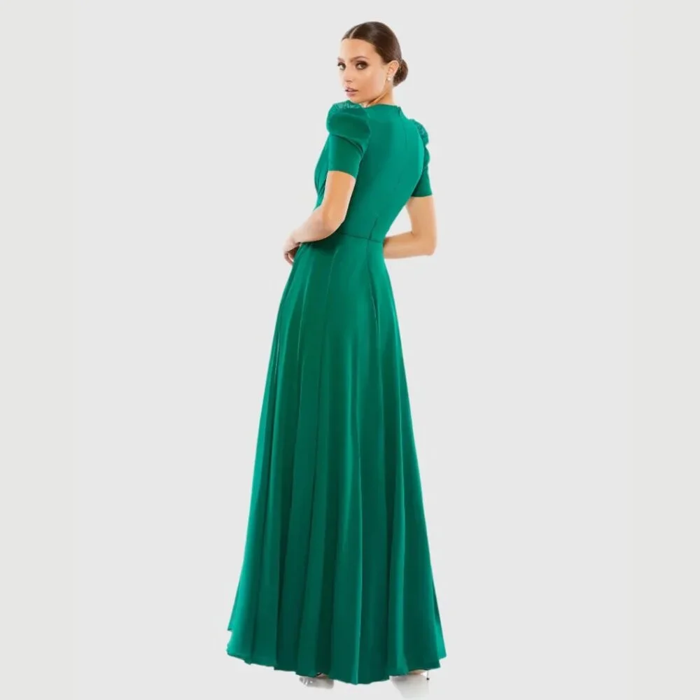 Mac‎ Duggal 55681 Womens Size 6 Green Short Puff Sleeve V-Neck Long Maxi Dress